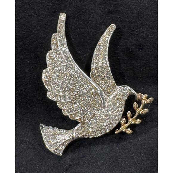 Vintage Napier Clear Rhinestone Dove Brooch with Gold Olive Branch CP43 - Picture 2 of 4